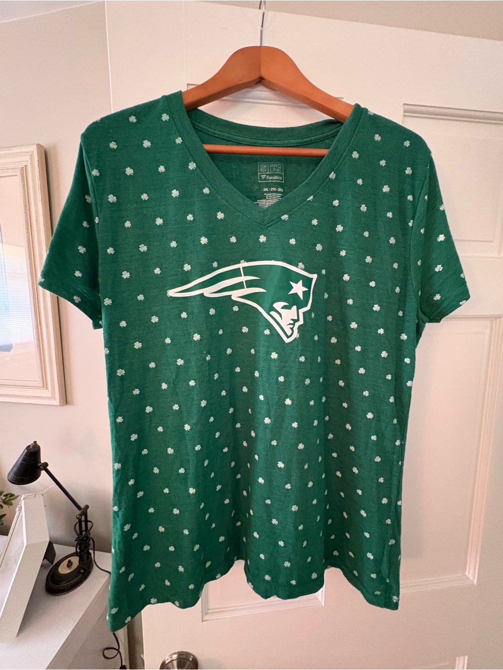 Fanatics Patriots Green V-Neck Tee with White Shamrock Pattern